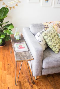 a living room with a couch, coffee table and potted plant on the side