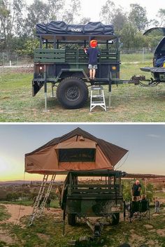 there are two pictures with people standing on the roof and in the back of an off road vehicle