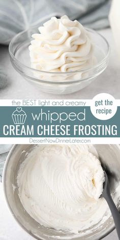 whipped cream in a glass bowl with the words whipped cream frosting on top and below