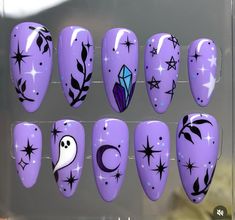 Mystical Nails, Mystic Nails, Fall Leaves Nail Art, Cartoon Nails, Spooky Nails, Witchy Nails, Nail Drawing, Fall Nail Art Designs, Goth Nails