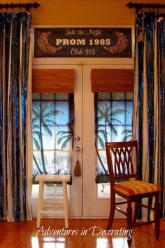 two chairs sitting in front of a door with the words prom 1950 written on it