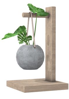 a potted plant in a stone hanging from a wooden stand on a white background