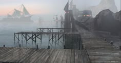 a wooden dock sitting on top of a body of water next to a large ship