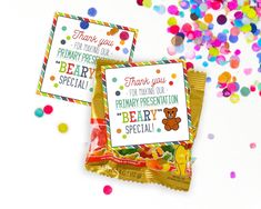 two candy bar wrappers with thank you and beary special on them surrounded by confetti