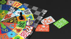 a close up of a board game with a chess piece on the board and several stickers around it