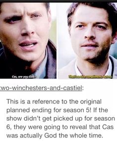 two men with different facial expressions in front of the caption that reads, two winchesterers - and - castiel this is a reference to the original plan