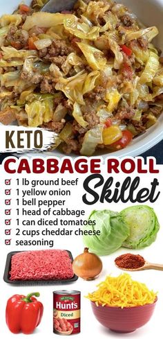 the keto cabbage roll skillet recipe is shown in this image with instructions to make it