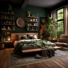 a bedroom with dark green walls and wooden flooring, plants on the shelves above the bed