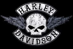 the harley davidson logo with wings and skull on it's back side, in black