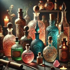 Alchemy Bottles - This digital art print offers a unique blend of creativity and sophistication, perfect for enhancing your home decor. Use it as wall art, AI-generated artwork, or a printable digital download to bring artistic charm to your living space. Magic Candle Art, Alchemy Potions, Alchemy Bottles, Witch Potion Bottles, Mystic Decor, Magic Apothecary, Magical Ingredients, Witchcraft Art, Home Apothecary