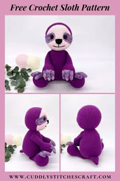 a crocheted sloth stuffed animal sitting next to a plant with the caption free crochet sloth pattern