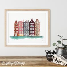 a watercolor painting of some buildings on the side of a wall next to a potted plant