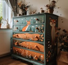 Hand Painted Furniture – Trends for the Modern Home Furniture Painting Ideas Designs, Woodland Dresser Makeover, Painted Wooden Drawers, Painted Dresser For Nursery, Hand Painted Childrens Furniture, Cute Painted Furniture, Upcycled Nursery Furniture, Cottage Core Painted Furniture, Hand Painted Dressers Diy