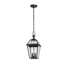 an outdoor hanging light fixture with three lights on the front and back end, in black