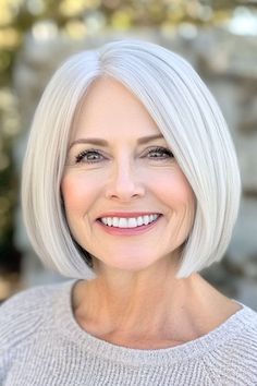 Save this pin for the best short hairstyles for women over 60 with fine hair. Sometimes, classic is stunning – and this blunt bob proves it. The clean edges make fine hair look thicker and healthier, creating a style that looks sleek and sharp.