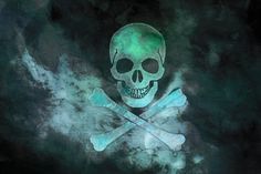 a skull and crossbones on a black background with green light in the middle