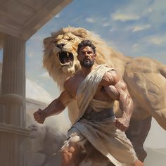 a painting of a man and a lion