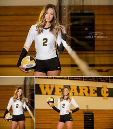 the volleyball player is posing for pictures in her uniform and holding a ball with both hands