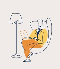 a man sitting in a chair with a laptop on his lap and a lamp next to him