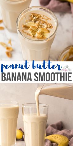 peanut butter banana smoothie is being poured into two glasses