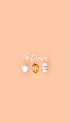 an orange background with coffee cups and the words autumn