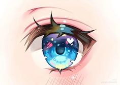 an eye with blue eyes and stars on it's irise, looking into the distance