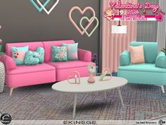 the living room is decorated in pastel colors and has hearts hanging from the wall