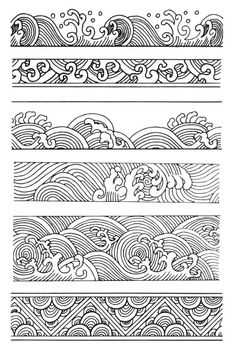 four different lines that have been drawn in black and white, each with an image of waves