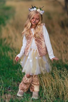 Woodland Deer Vest & Tutu Costume Set Girl Deer Costume, Woodland Animal Costumes, Deer Costume For Kids, Wilderness Festival, Deer Halloween Costumes, Deer Headband, Waist Vest, Gnome Costume, Dear Costume