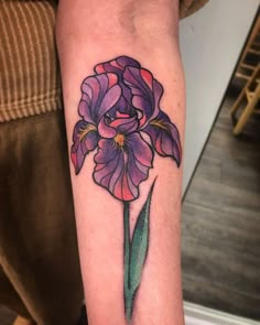 American Traditional Iris Flower Tattoo, Neo Traditional Iris Tattoo, Traditional Iris Tattoo, Black Iris Tattoo, Iris Flowers Tattoo, Purple Iris Tattoo, Charlie Tattoo, Iris Flower Tattoo, Moms Tattoo