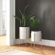 two white planters sitting next to each other on top of a hard wood floor