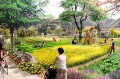 an artist's rendering of a park with children playing in it