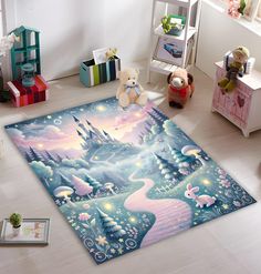 a child's room with a rug, teddy bears and other toys on the floor