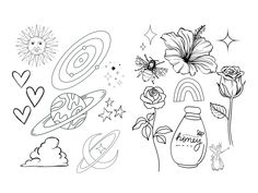 an image of the planets and sun with flowers, stars, and other things on it