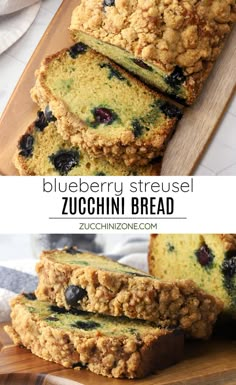 blueberry streuse zucchini bread is cut into slices