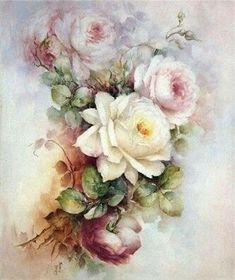 an oil painting of white roses and green leaves on a beige background with watercolors