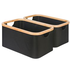 two black storage bins with wooden handles