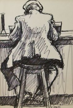 a black and white drawing of a person sitting on a stool