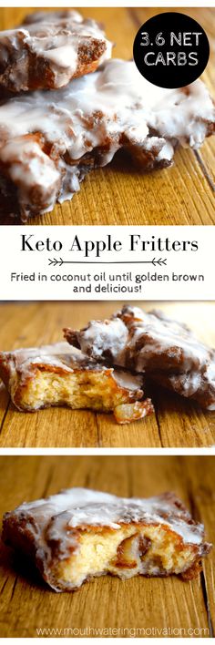 three different views of keto apple fritters on a wooden table with text overlay