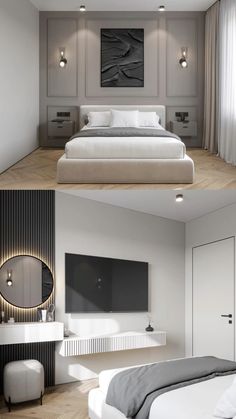 two pictures of a bedroom with white furniture and gray walls, one has a large screen tv on the wall