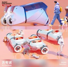 an image of a futuristic vehicle with people walking around it and dogs on the ground