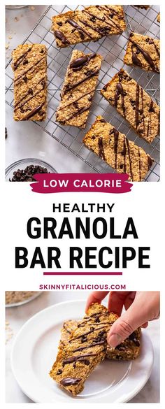 healthy granola bar recipe with chocolate drizzled on top and text overlay