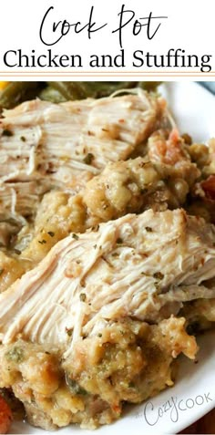 a white plate topped with chicken and stuffing