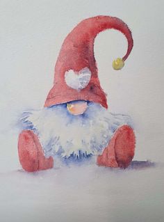 a watercolor painting of a red and white gnome sitting down with his legs crossed