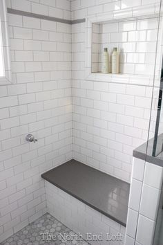 Restroom Ideas, Gray Grout, Master Shower, Shower Bench, Shower Niche