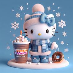 a hello kitty figurine is holding a cup of coffee and a donut