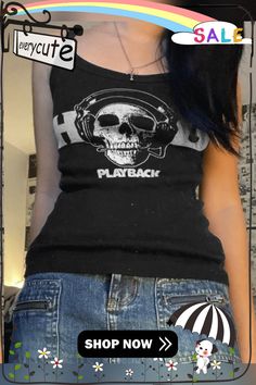 Punk Skull Printed Cropped Tank Top Casual Tops With Skull Shape For Alternative Fashion, Black Y2k Skull Top, Black Y2k Deadstock Tops, Distressed Skull Top In Punk Style, Punk Skull, Street Y2k, Skull Print, Cropped Tank Top, Crop Tank