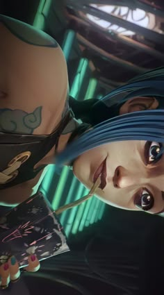 a woman with blue hair and tattoos on her face looking at something in the distance