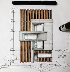 a drawing of a building with wooden slats