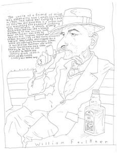 a drawing of a man in a hat and coat with a bottle on his lap